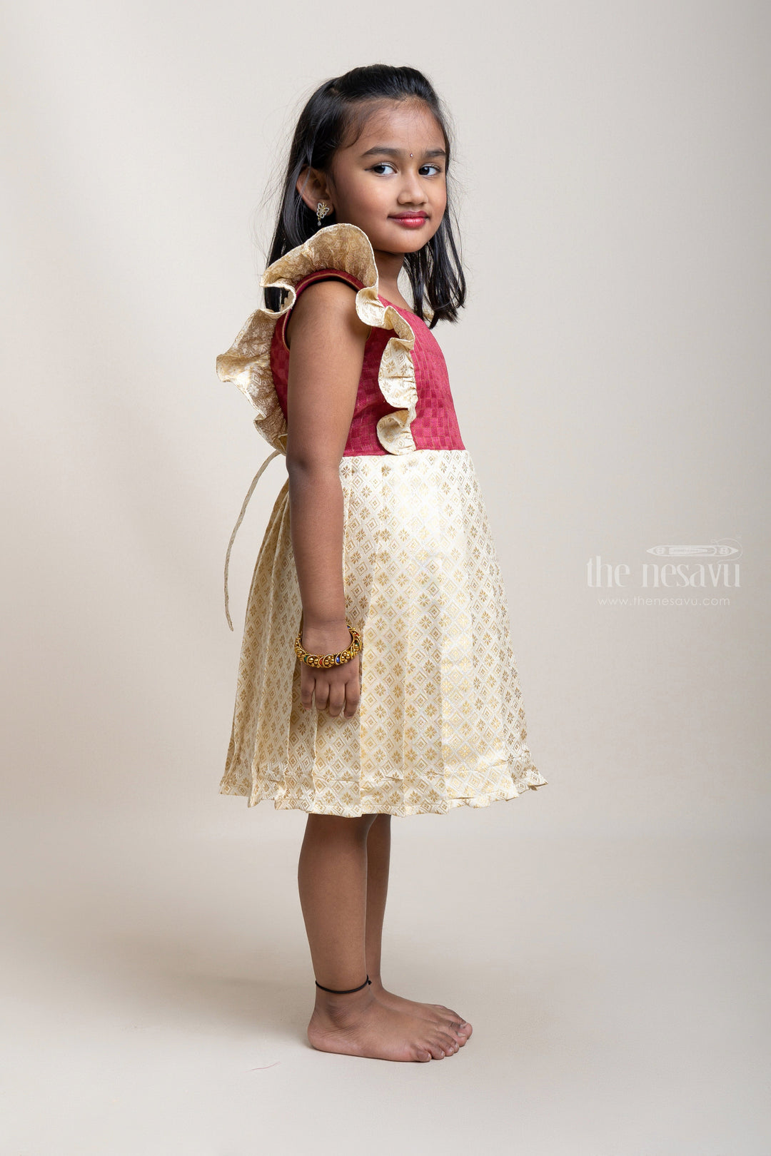 The Nesavu Silk Frock Halfwhite Semi-Silk with Ruffle Yoke Frock For Girls Nesavu Beautiful Pleated Semi-Silk Frocks with Embroidered Design | Trendy Silk Frocks | The Nesavu