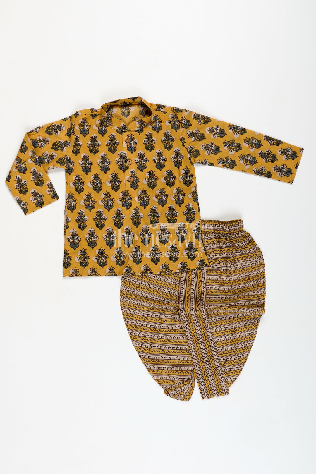 The Nesavu Boys Dothi Set Hand Block Print Kurta Set Traditional Dhoti Style for Boys Nesavu 12 (3M) / Yellow BES720B-12 Nesavu Yellow Cotton Boys Kurta Dhoti Set Traditional Block Print Cultural Celebrations