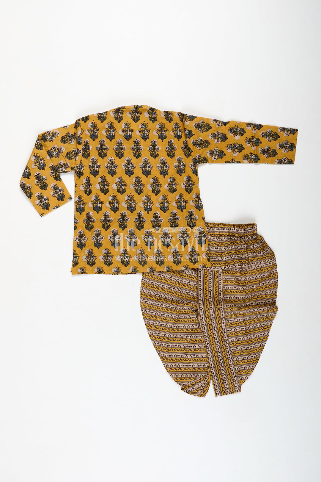 The Nesavu Boys Dothi Set Hand Block Print Kurta Set Traditional Dhoti Style for Boys Nesavu Nesavu Yellow Cotton Boys Kurta Dhoti Set Traditional Block Print Cultural Celebrations