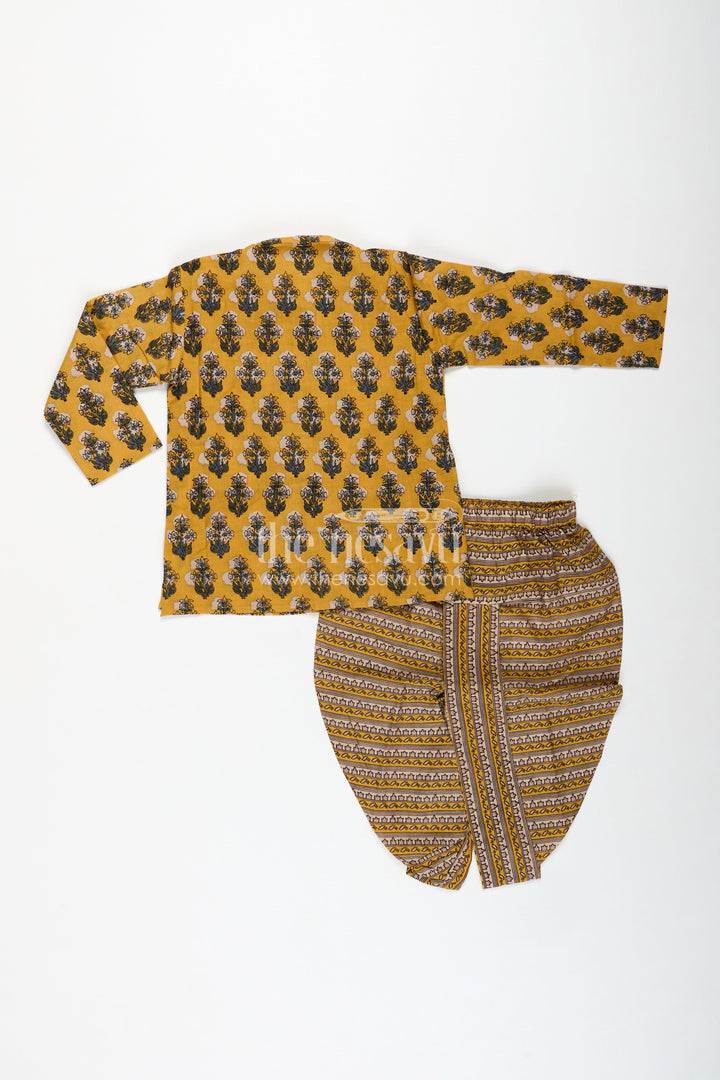 The Nesavu Boys Dothi Set Hand Block Print Kurta Set Traditional Dhoti Style for Boys Nesavu Nesavu Yellow Cotton Boys Kurta Dhoti Set Traditional Block Print Cultural Celebrations