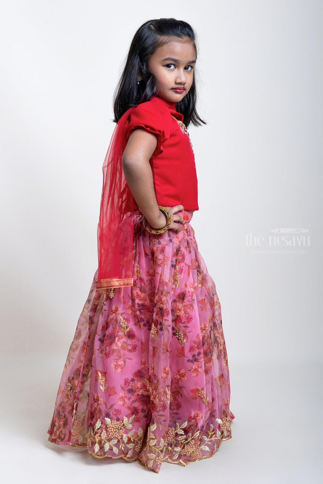 The Nesavu Lehenga & Ghagra Hand Embroidered Pink Crop Top And Digital Printed Lehenga For Little Girls psr silks Nesavu