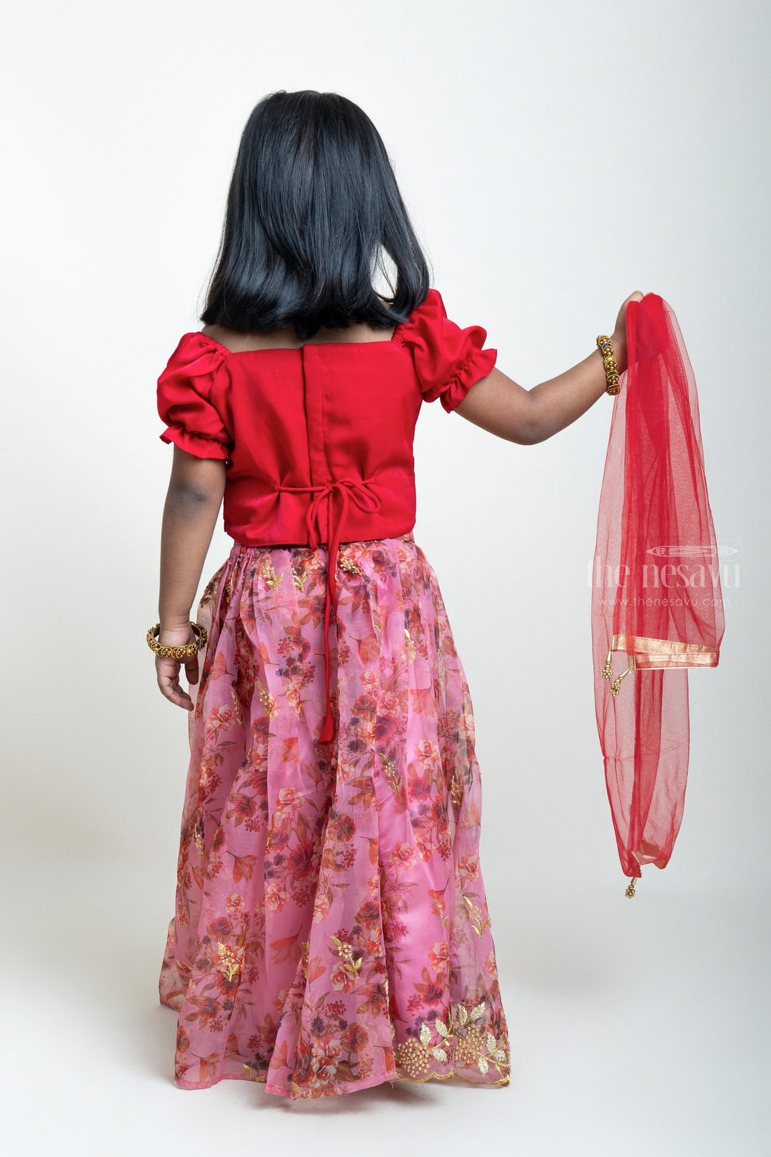 The Nesavu Lehenga & Ghagra Hand Embroidered Pink Crop Top And Digital Printed Lehenga For Little Girls psr silks Nesavu