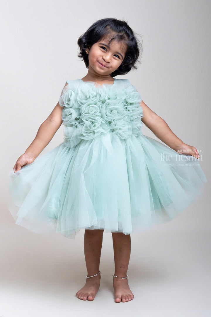 The Nesavu Girls Tutu Frock Hand-Made Flower Attached Green Net Frock For Baby Girls psr silks Nesavu 16 (1Y) / Green PF109A