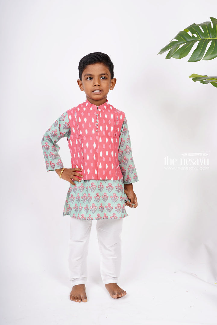 The Nesavu Boys Jacket Sets Handblock Floral Boys Kurta Bandi Set in Ikkat N Mugal Print Nesavu 16 (1Y) / Green BES79-16 Shop Kurta Dresses For Boys | Party Wear Kurta Online | The Nesavu