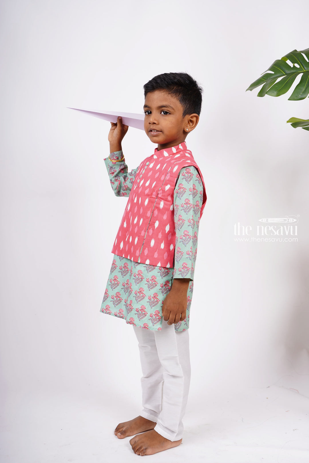 The Nesavu Boys Jacket Sets Handblock Floral Boys Kurta Bandi Set in Ikkat N Mugal Print Nesavu Shop Kurta Dresses For Boys | Party Wear Kurta Online | The Nesavu