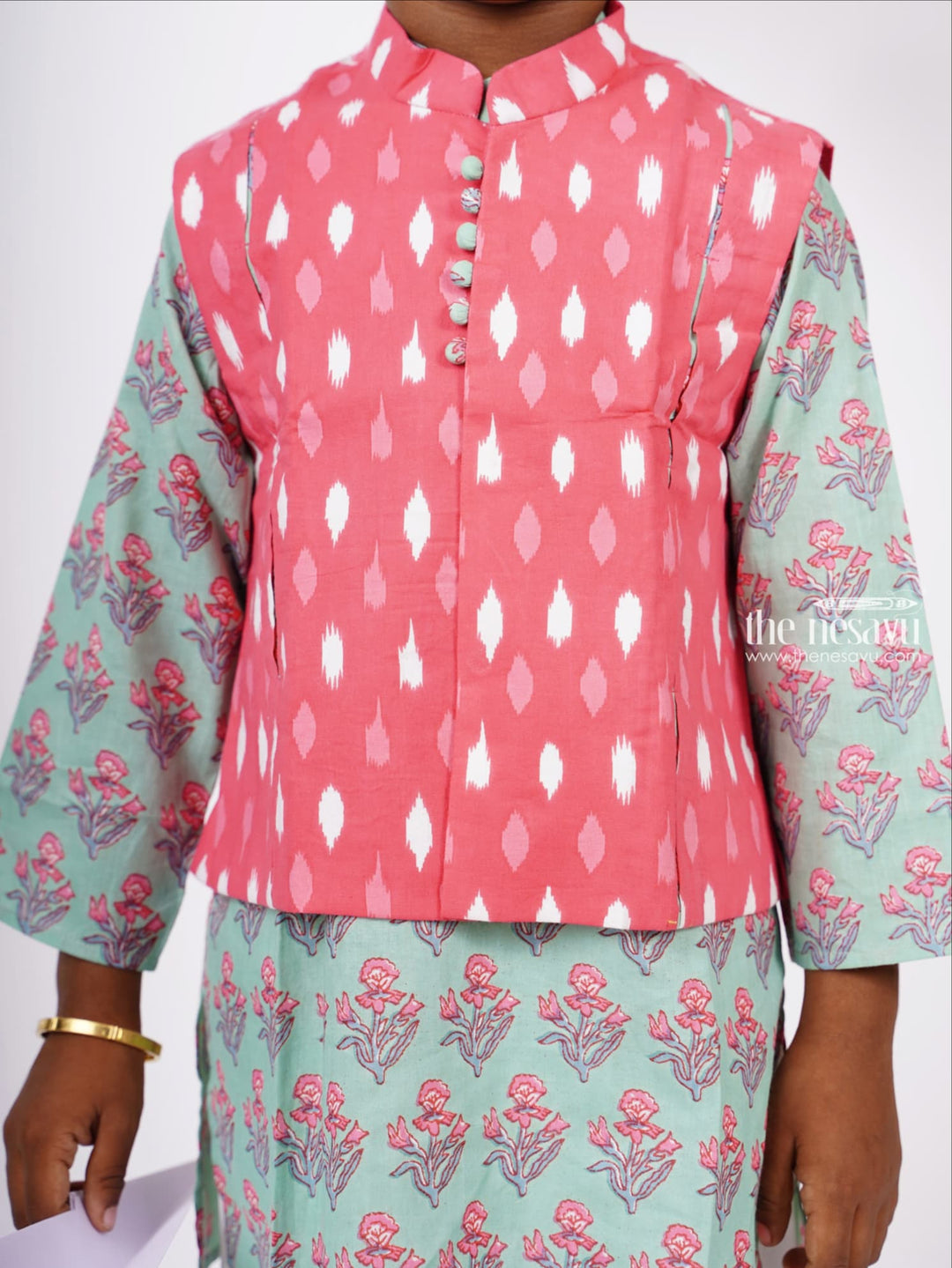 The Nesavu Boys Jacket Sets Handblock Floral Boys Kurta Bandi Set in Ikkat N Mugal Print Nesavu Shop Kurta Dresses For Boys | Party Wear Kurta Online | The Nesavu