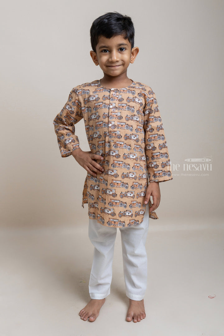 The Nesavu Boys Kurtha Set Handblock Printed Car Pattern Cotton Kurta With White Pyjama Pant For Boys Nesavu 16 (1Y) / Beige / Cotton BES278 Modern Kurta And Pyjama For Boys| Best Collection| The Nesavu