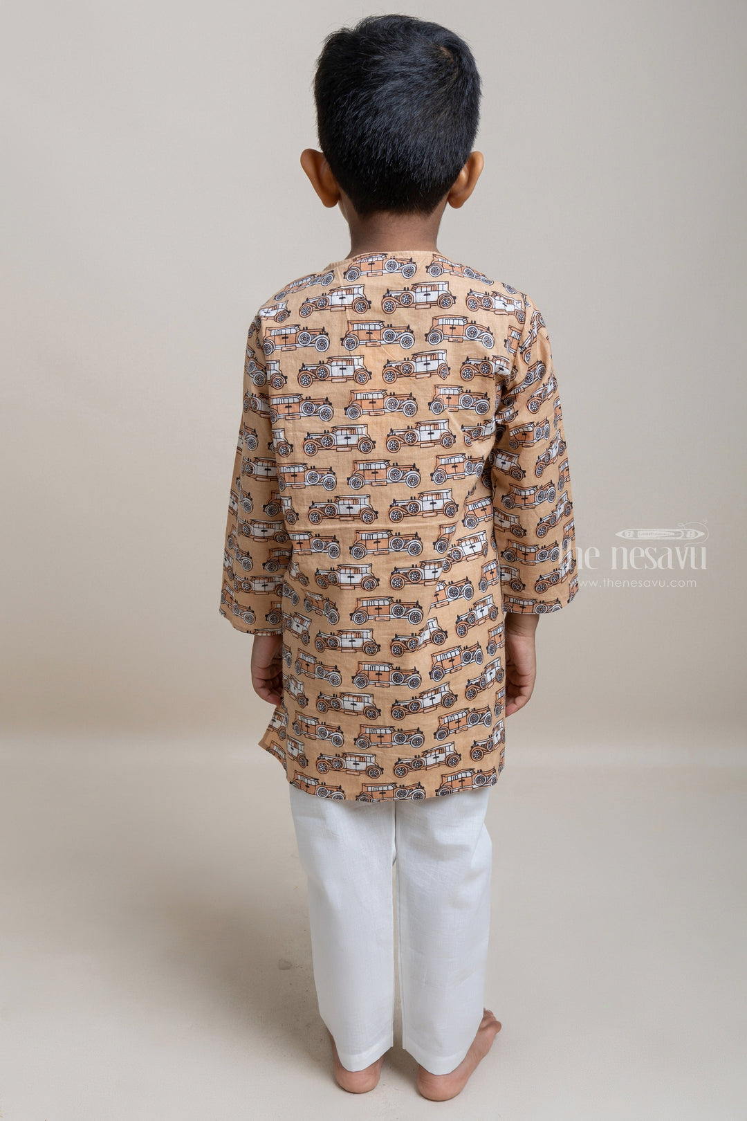 The Nesavu Boys Kurtha Set Handblock Printed Car Pattern Cotton Kurta With White Pyjama Pant For Boys Nesavu Modern Kurta And Pyjama For Boys| Best Collection| The Nesavu