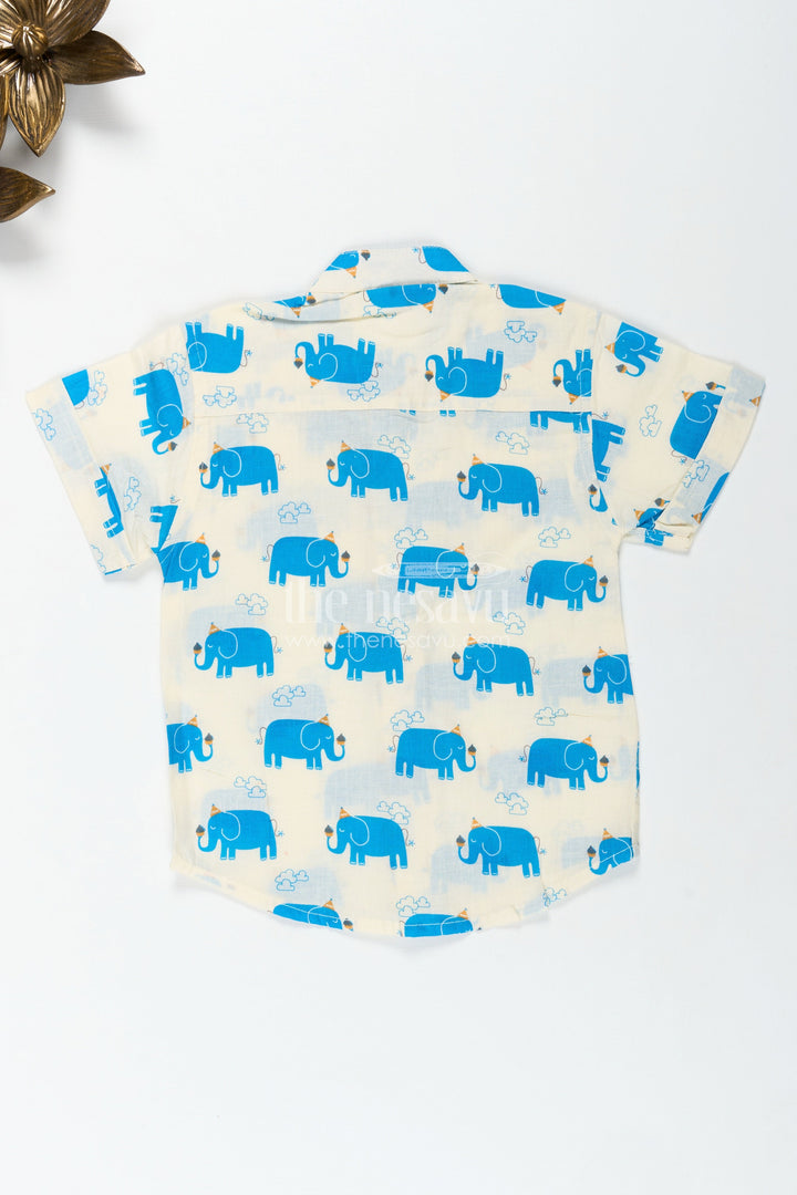 The Nesavu Boys Cotton Shirt Handcrafted Blue Elephant Print Shirt for Boys in Cream Cotton Nesavu Nesavu Handcrafted Cotton Shirt Boys Blue Elephant Motifs Comfortable Everyday Fit
