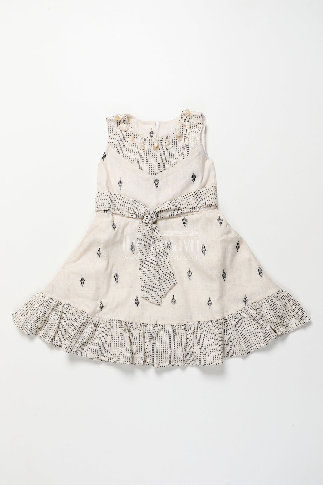 The Nesavu Girls Cotton Frock Handcrafted Cotton Frock with Belt and Tribal Thread Design for Girls Nesavu 22 (4Y) / Half white GFC1986A-22 Nesavu girls cotton frock belt tribal thread embroidery  perfect casual ethnic wear