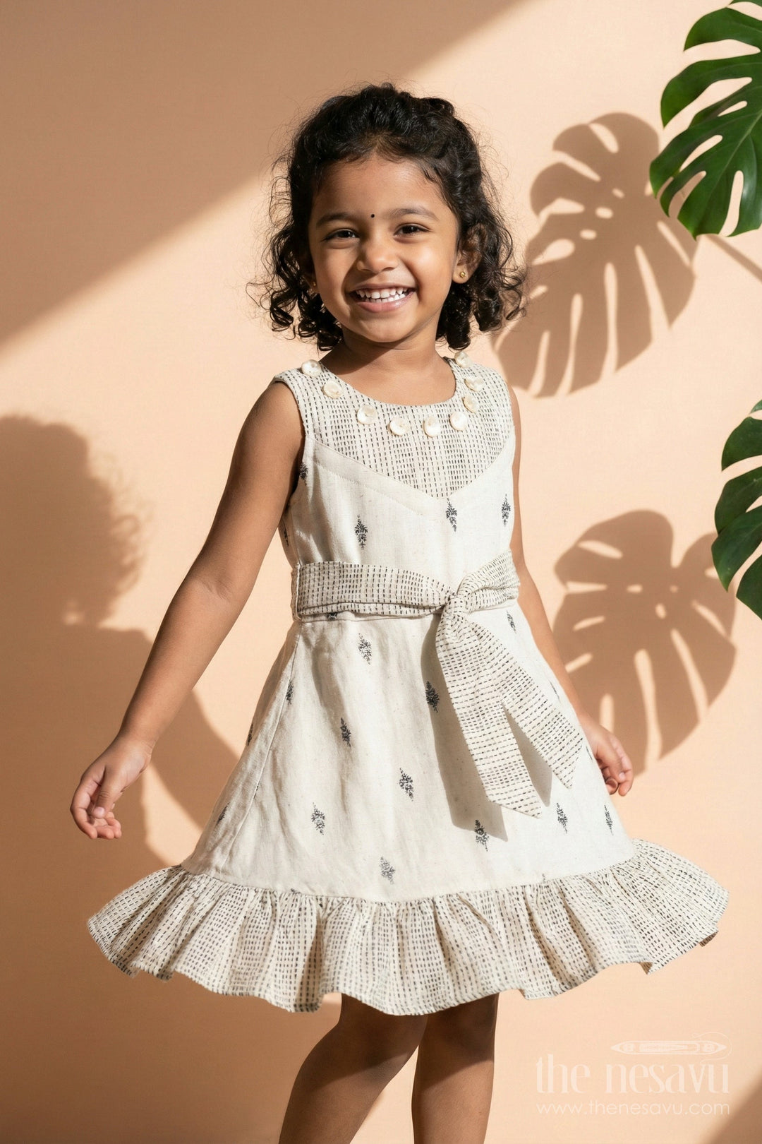 The Nesavu Girls Cotton Frock Handcrafted Cotton Frock with Belt and Tribal Thread Design for Girls Nesavu Nesavu girls cotton frock belt tribal thread embroidery  perfect casual ethnic wear