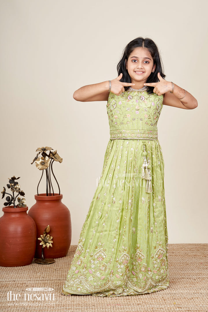 The Nesavu Girls Lehenga Choli Handcrafted Lehenga For Kids Festival Occasion Silk Wear Nesavu 24 (5Y) / Green GL723A-24 Nesavu Kids Diwali Lehenga Choli Olive Green Viscose Silk Intricate Embroidery Dupatta