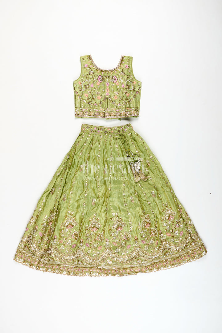 The Nesavu Girls Lehenga Choli Handcrafted Lehenga for Kids Festival Occasion Silk Wear Nesavu Nesavu Kids Diwali Lehenga Choli Olive Green Viscose Silk Intricate Embroidery Dupatta