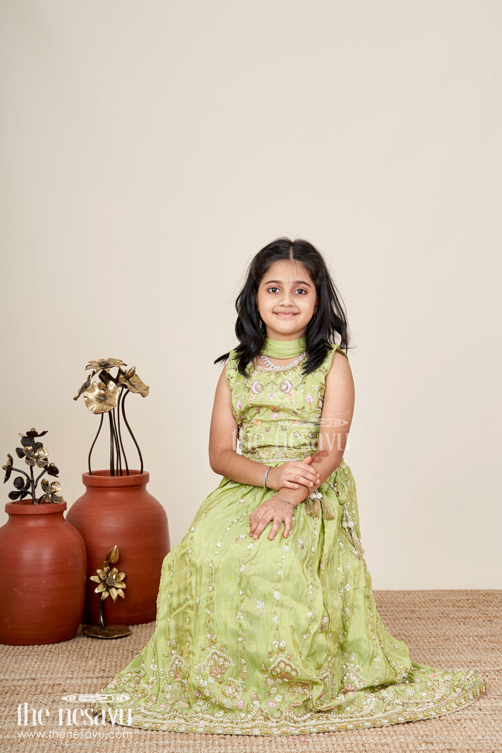 The Nesavu Girls Lehenga Choli Handcrafted Lehenga For Kids Festival Occasion Silk Wear Nesavu Nesavu Kids Diwali Lehenga Choli Olive Green Viscose Silk Intricate Embroidery Dupatta