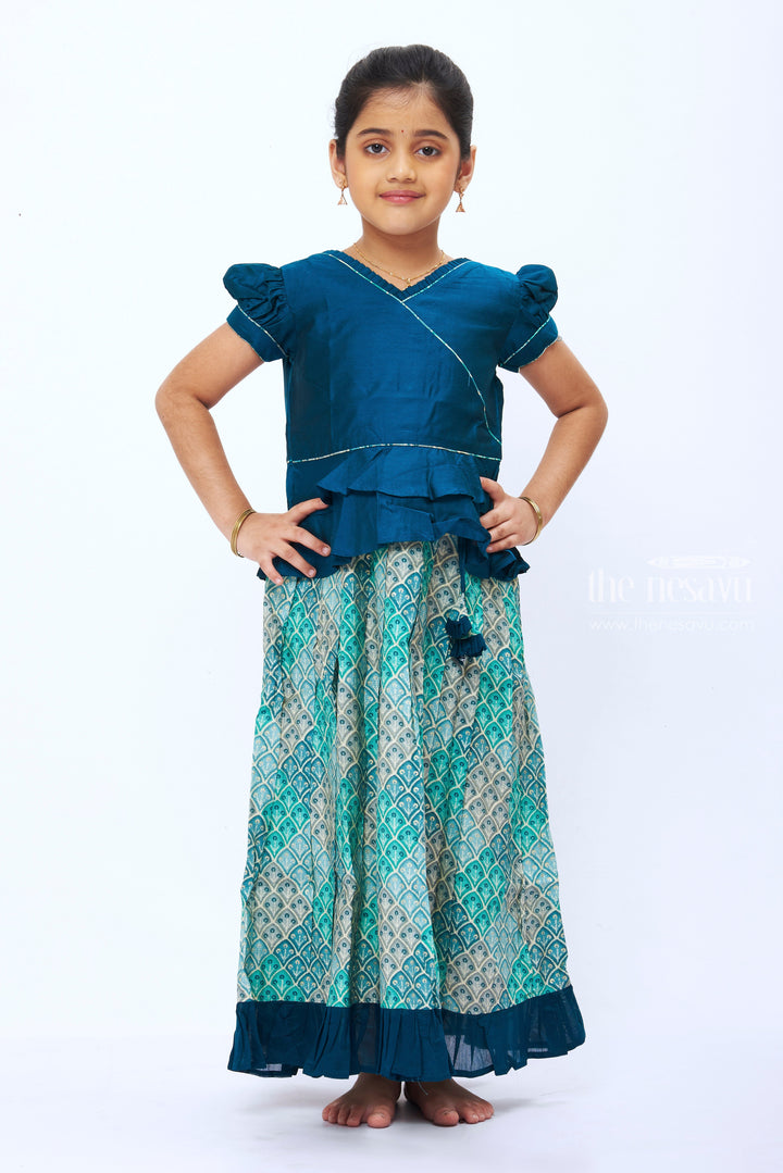 The Nesavu Pattu Pavadai Handcrafted Pattu Pavadai: Traditional Silk Outfits for Girls Nesavu 16 (1Y) / Blue / Jacquard GPP283A-16 Floral Printed Pattu Pavadai For Girls | New Arraivals | The Nesavu