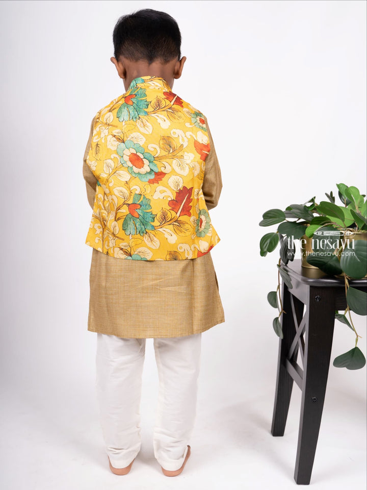 The Nesavu Boys Jacket Sets Handloom Cotton Kurta N Pure Silk Kalamkari Print Jacket for Boys Nesavu 24 (5Y) / Gold BES84-24 Shop Kurta Dresses For Boys | Party Wear Kurta Online | The Nesavu