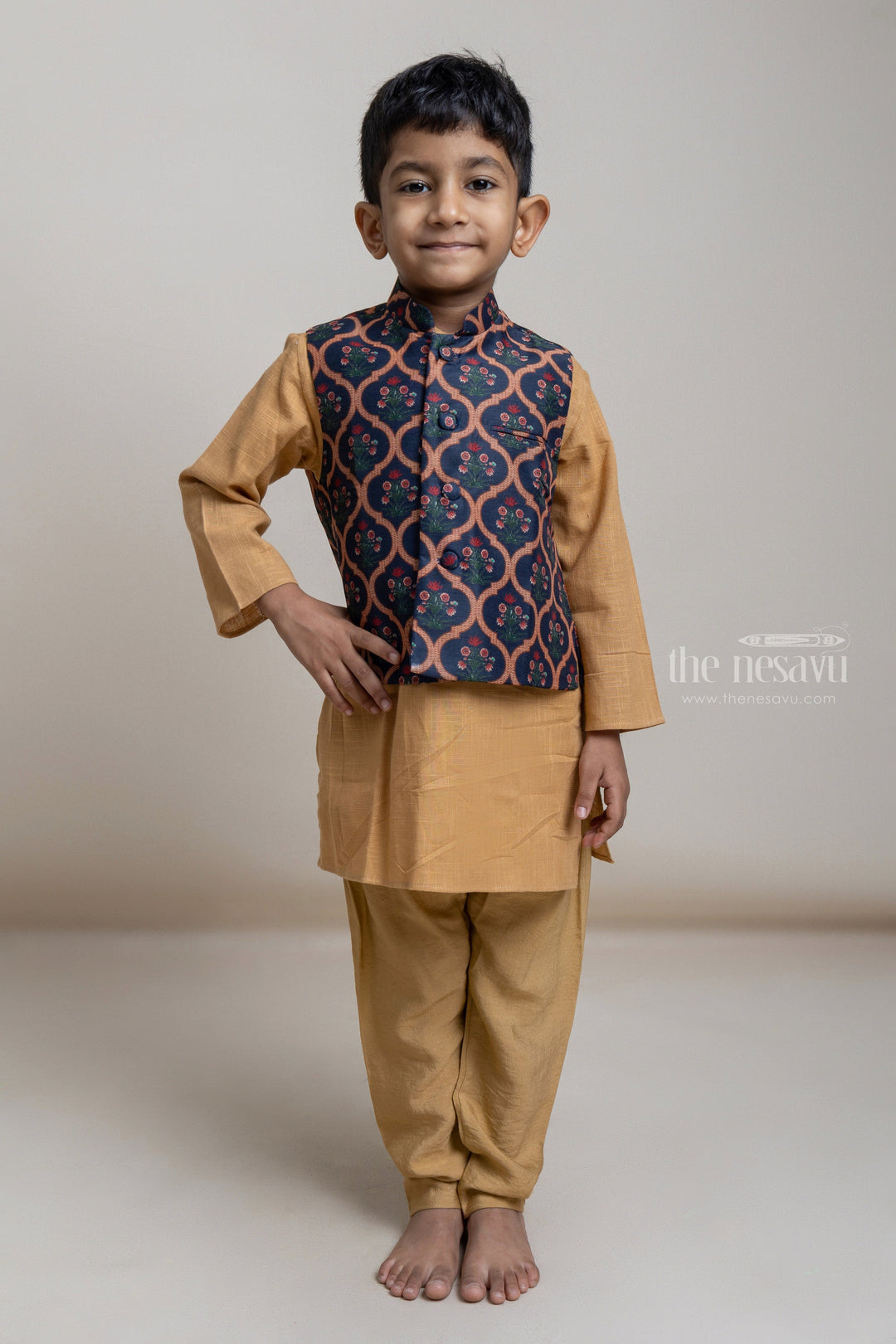 The Nesavu Boys Jacket Sets Handloom Inspired Brown Cotton Kurta Set With Floral Printed Jacket For Baby Boys Nesavu 16 (1Y) / Khaki / Silk BES275 Brown Kurta Set For Boys| Traditional Collection| The Nesavu