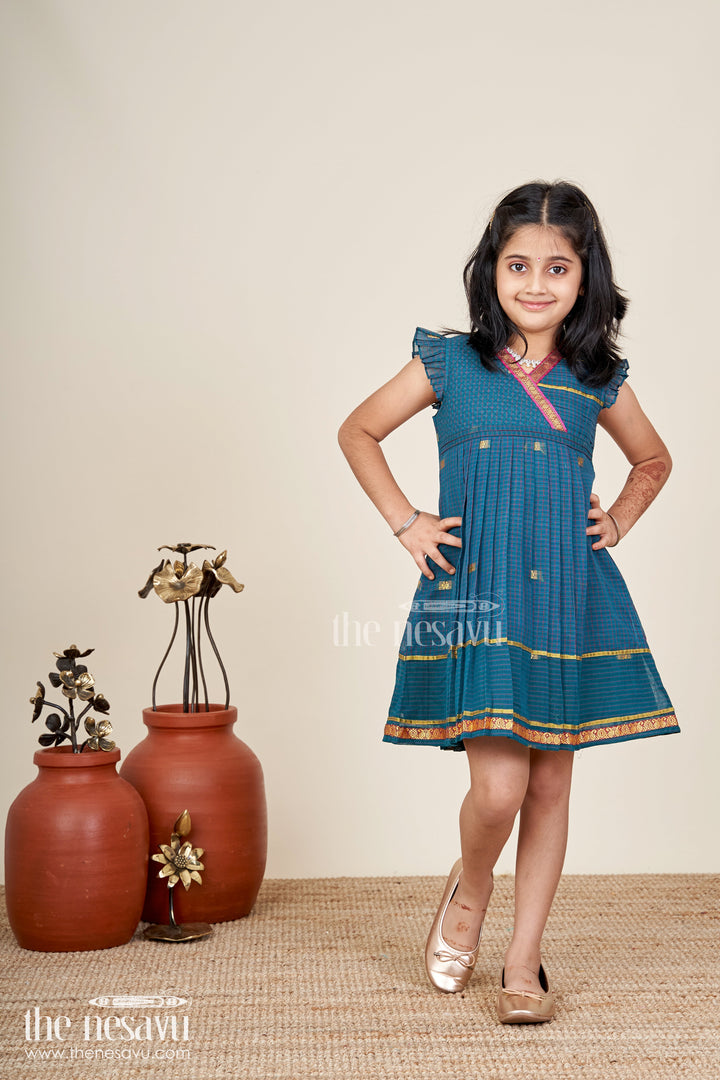 The Nesavu Girls Cotton Frock Handwoven Silk Frock For Girls Elegant Heritage Outfit Nesavu Nesavu Girls Handwoven Frock Teal Mangalagiri Cotton Traditional Pleats Gold Zari