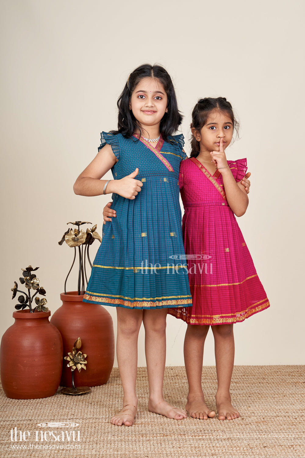 The Nesavu Girls Cotton Frock Handwoven Silk Frock For Girls Elegant Heritage Outfit Nesavu Nesavu Girls Handwoven Frock Teal Mangalagiri Cotton Traditional Pleats Gold Zari