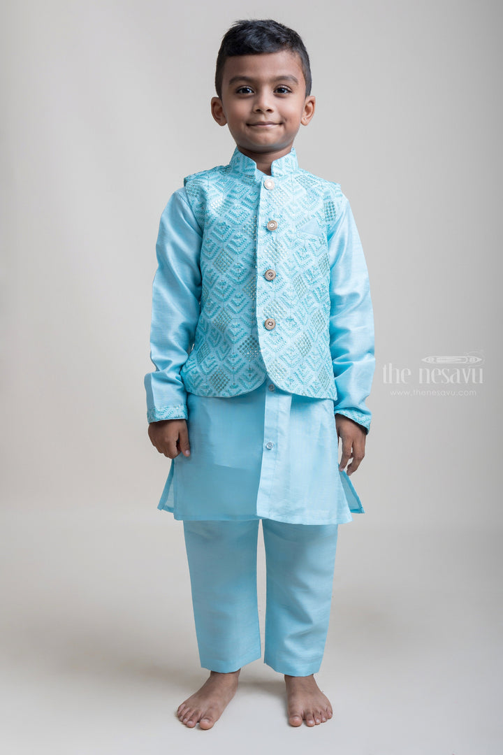 The Nesavu Boys Jacket Sets High-Profile Teal Blue Three Piece Kurta With Buttoned Overcoat For Little Boys Nesavu 16 (1Y) / Blue / Silk Blend BES256C Festive Wear Three Piece Kurta Set For Boys| Hot Collection| The Nesavu