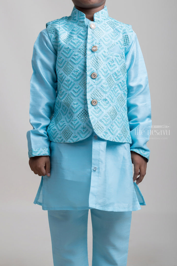 The Nesavu Boys Jacket Sets High-Profile Teal Blue Three Piece Kurta With Buttoned Overcoat For Little Boys Nesavu Festive Wear Three Piece Kurta Set For Boys| Hot Collection| The Nesavu