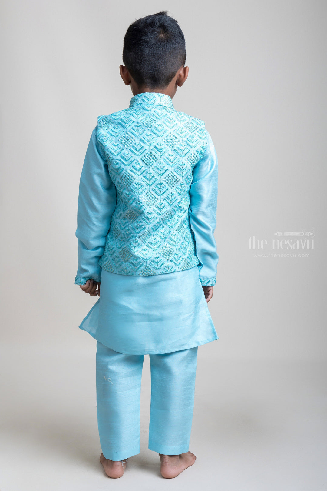 The Nesavu Boys Jacket Sets High-Profile Teal Blue Three Piece Kurta With Buttoned Overcoat For Little Boys Nesavu Festive Wear Three Piece Kurta Set For Boys| Hot Collection| The Nesavu
