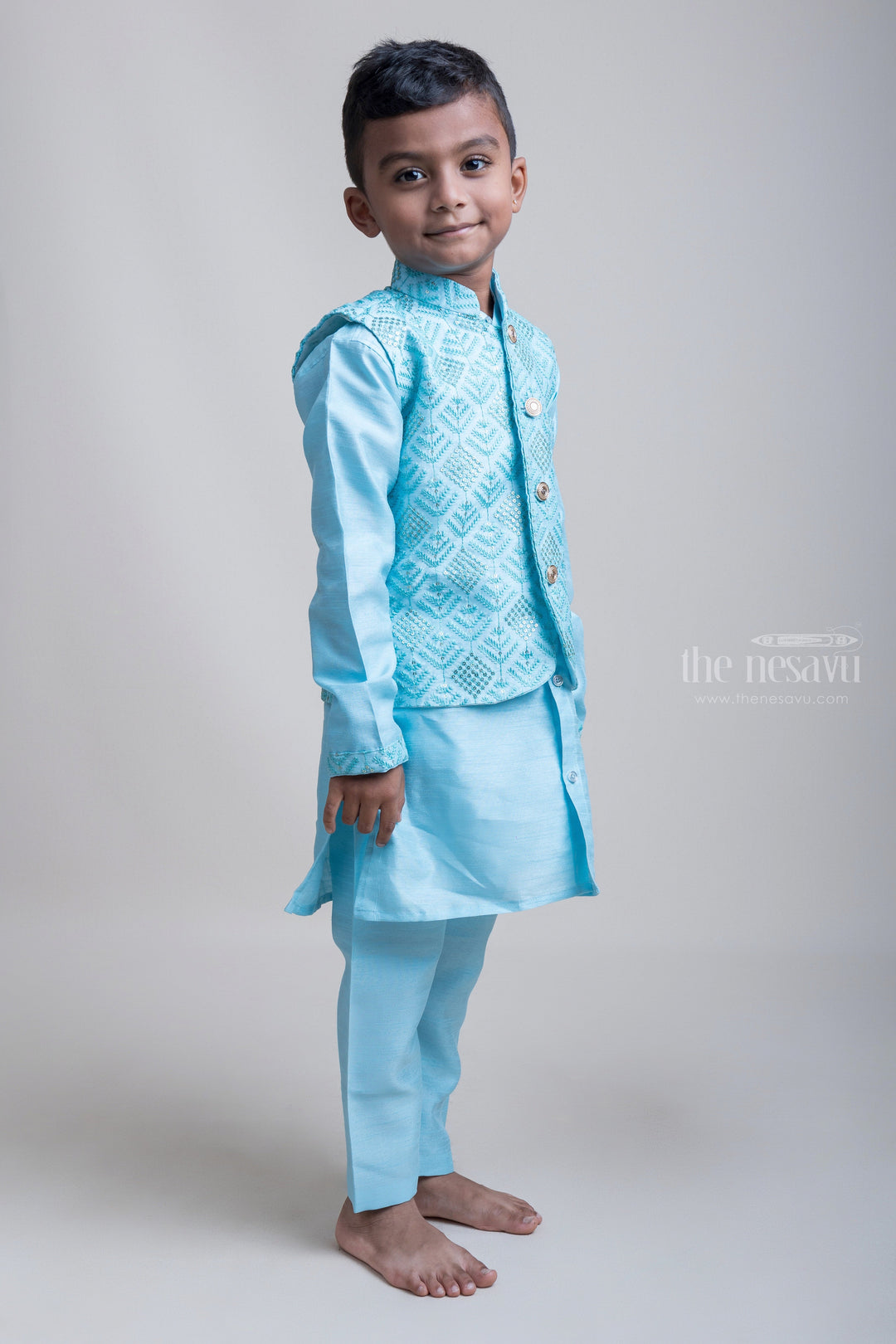 The Nesavu Boys Jacket Sets High-Profile Teal Blue Three Piece Kurta With Buttoned Overcoat For Little Boys Nesavu Festive Wear Three Piece Kurta Set For Boys| Hot Collection| The Nesavu