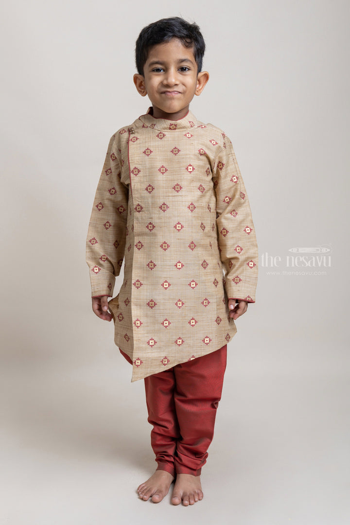 The Nesavu Boys Kurtha Set High Quality Beige Butta Printed Kurta With Contrast Pant For Little Boys Nesavu 14 (6M) / Beige / Chanderi BES296A-14 Smart and Stylish Kurta Sets For Boys | Premium Boys Dresses | The Nesavu
