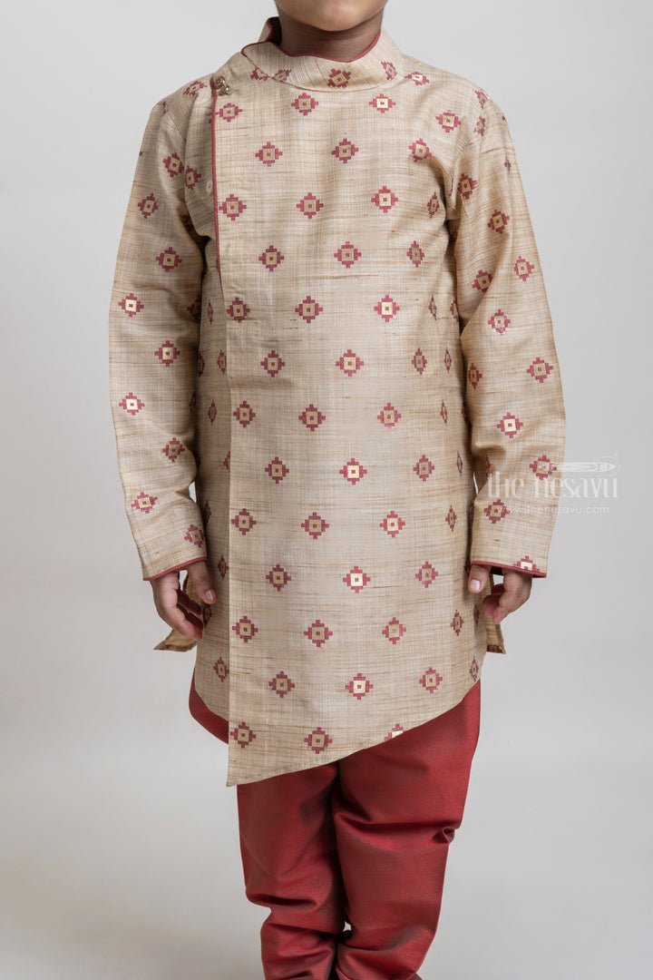 The Nesavu Boys Kurtha Set High Quality Beige Butta Printed Kurta With Contrast Pant For Little Boys Nesavu Smart and Stylish Kurta Sets For Boys | Premium Boys Dresses | The Nesavu