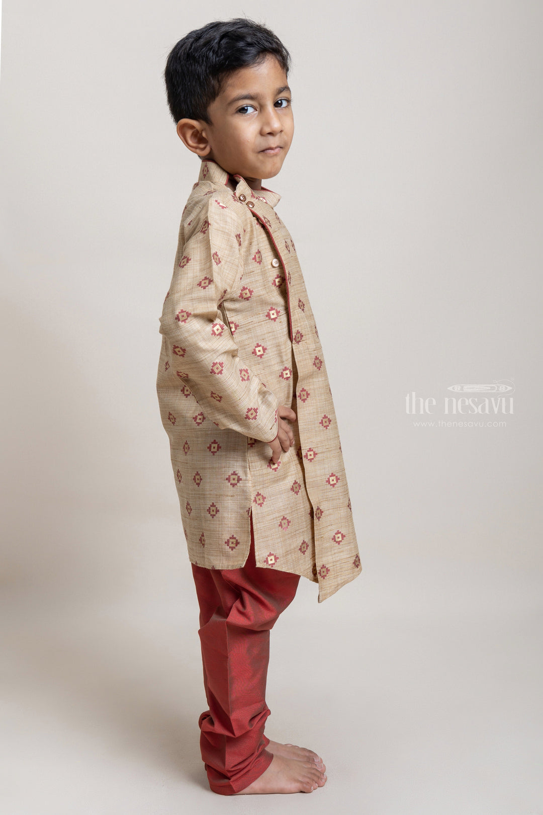 The Nesavu Boys Kurtha Set High Quality Beige Butta Printed Kurta With Contrast Pant For Little Boys Nesavu Smart and Stylish Kurta Sets For Boys | Premium Boys Dresses | The Nesavu
