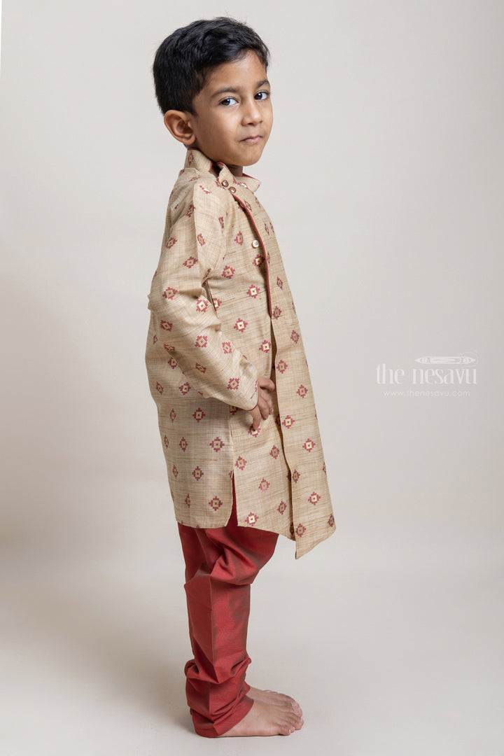 The Nesavu Boys Kurtha Set High Quality Beige Butta Printed Kurta With Contrast Pant For Little Boys Nesavu Smart and Stylish Kurta Sets For Boys | Premium Boys Dresses | The Nesavu