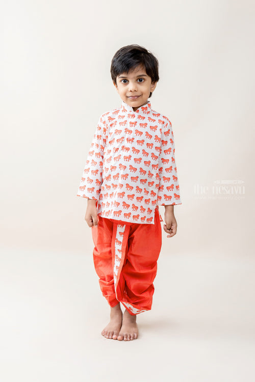 The Nesavu Boys Dothi Set Horse Printed Peach Pink Soft Cotton Kurta Suit for Baby Boys Nesavu 12 (3M) / Red / Cotton BES218A-12 Latest Side Buttoned Kurta Suits | The Nesavu