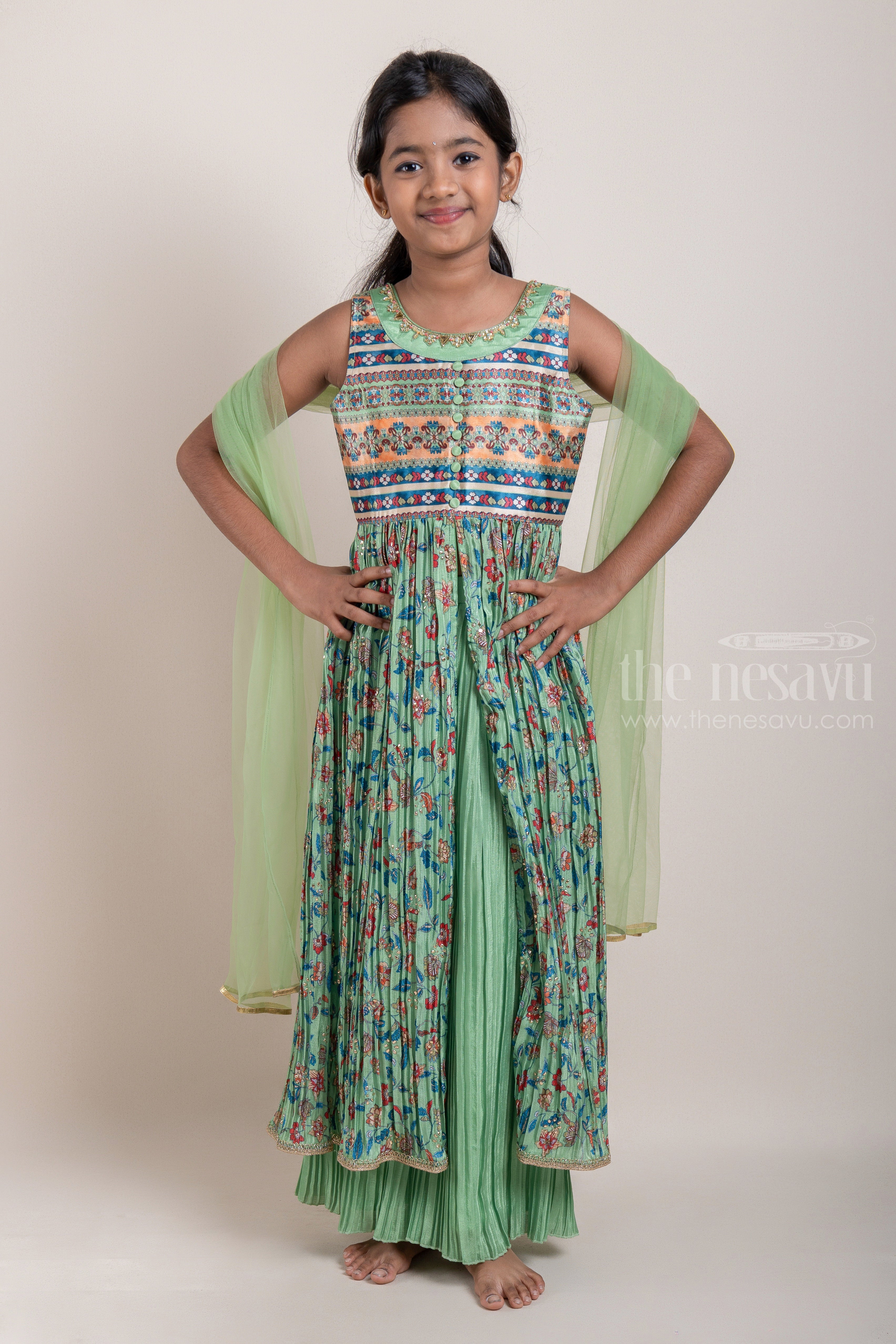 Muslin Indowestern Floral Embellishment Crop top with belt palazzo pa   Roshni Boutique