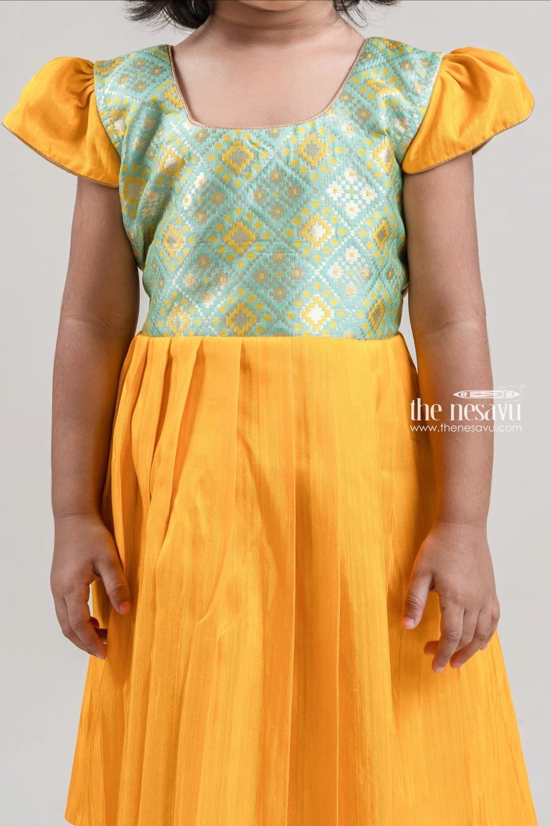 The Nesavu Silk Frock Ikat Designer Blue Yoke N Pleated yellow Silk Cotton Frock for Girls Nesavu Designer Silk Frock For Girls | Ethnic Silk Frock collection | The Nesavu