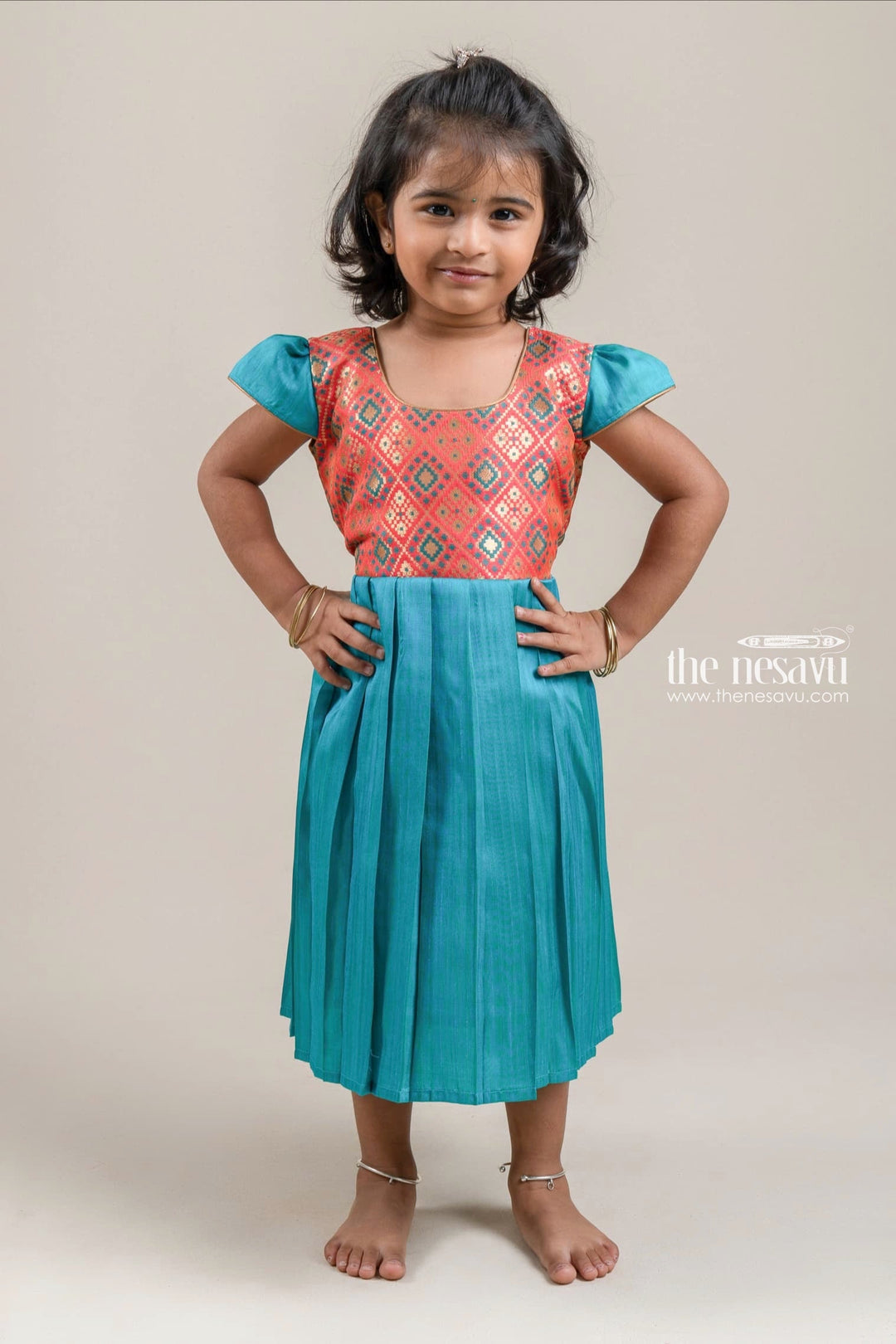 The Nesavu Silk Frock Ikat Designer Orange Yoke And Knife Pleated Blue Silk Frock For Girls Nesavu 14 (6M) / Blue / Silk Blend SF578-14 latest Silk Frock Collection For Girls | Girls Ethnic Wear | The Nesavu