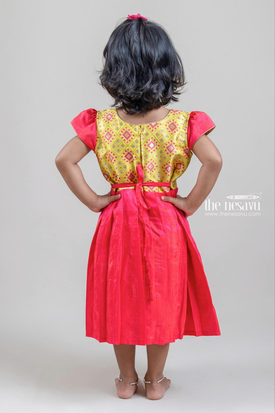 The Nesavu Silk Frock Ikat Designer yellow Yoke N Pleated Red Silk Cotton Frock for Girls Nesavu Designer Silk Frock For Girls | Ethnic Silk Frock collection | The Nesavu