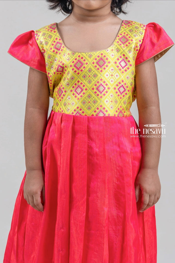 The Nesavu Silk Frock Ikat Designer yellow Yoke N Pleated Red Silk Cotton Frock for Girls Nesavu Designer Silk Frock For Girls | Ethnic Silk Frock collection | The Nesavu