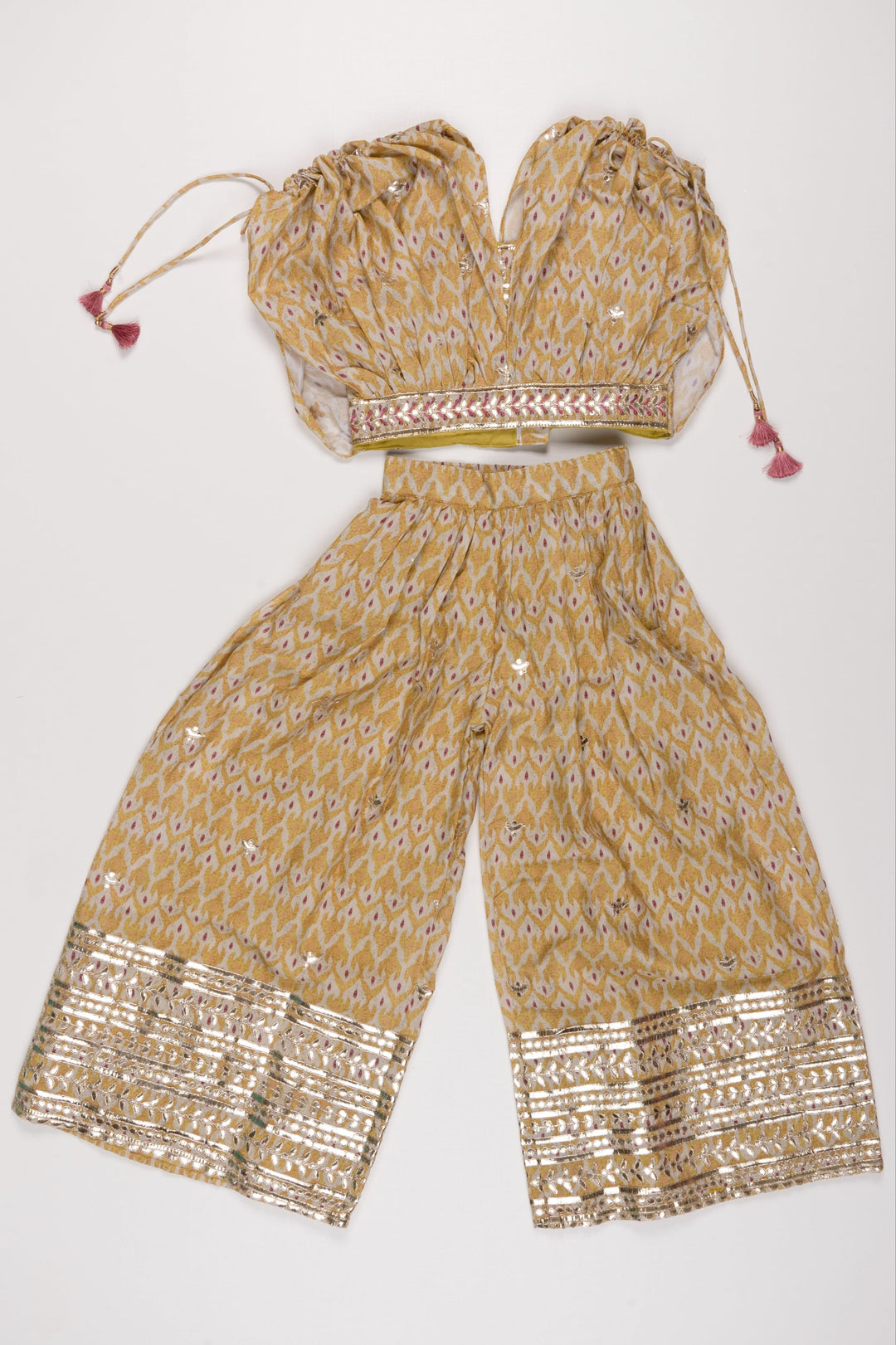 The Nesavu Girls Sharara / Plazo Set Ikat Printed Palazzo Set with Embellished Cape for Girls Nesavu 24 (5Y) / Green GPS247A-24 Girls Festive Lemon Print Palazzo & Cape Set | Vibrant Ethnic Wear | The Nesavu
