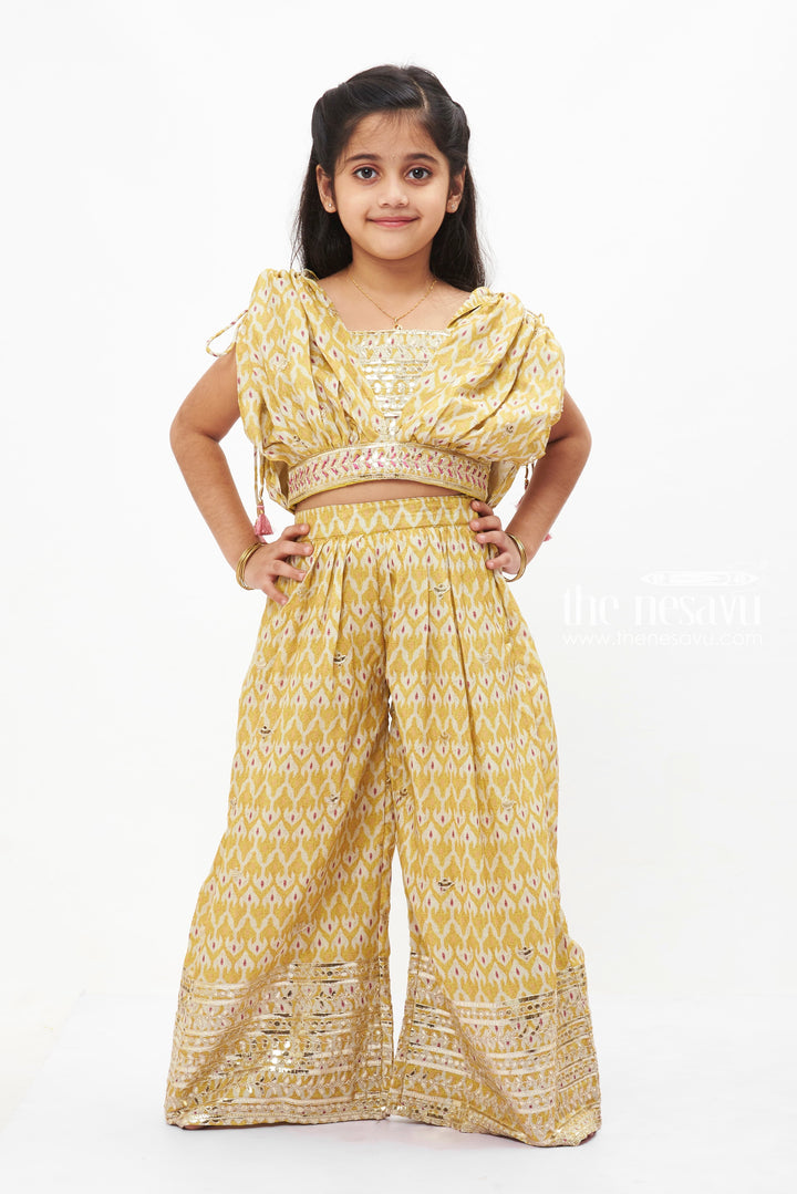 The Nesavu Girls Sharara / Plazo Set Ikat Printed Palazzo Set with Embellished Cape for Girls Nesavu 24 (5Y) / Green GPS247A-24 Girls Festive Lemon Print Palazzo & Cape Set | Vibrant Ethnic Wear | The Nesavu