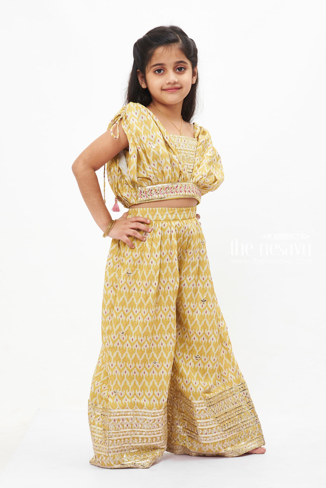 The Nesavu Girls Sharara / Plazo Set Ikat Printed Palazzo Set with Embellished Cape for Girls Nesavu Girls Festive Lemon Print Palazzo & Cape Set | Vibrant Ethnic Wear | The Nesavu