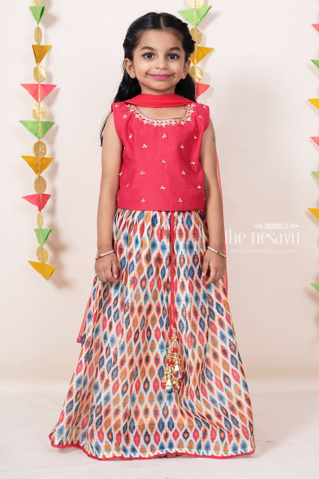The Nesavu Girls Lehenga Choli Ikkat Designer Red Raw Silk Choli Wear For Baby Girls Nesavu 16 (1Y) / multicolor / Chanderi GL254-16 Floral Designer Wear Ideas | Stylish Traditional Indian Lehenga Ideas | The Nesavu