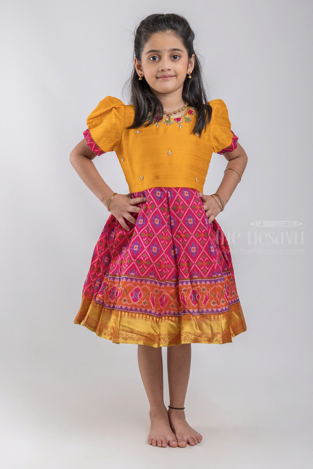 The Nesavu Silk Party Frock Ikkat Printed and Floral Embroidered Yellow Banarasi Silk Frock For Girls psr silks Nesavu 16 (1Y) / Yellow / Semi Silk SF554B