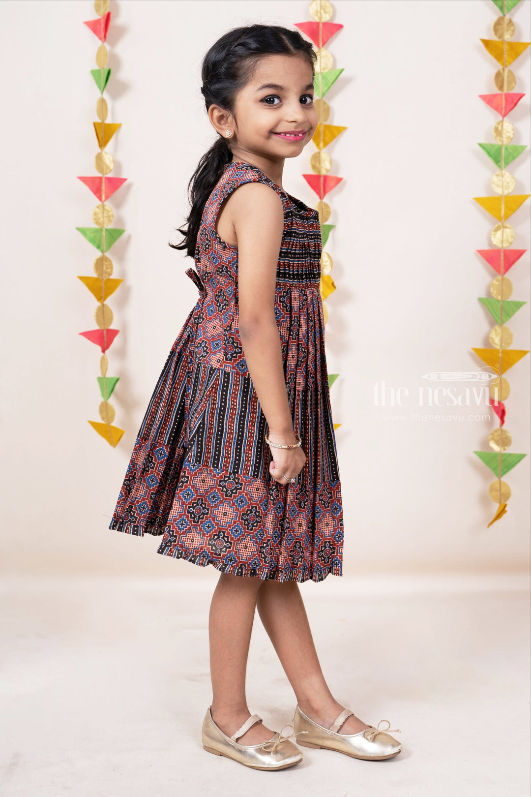 The Nesavu Girls Cotton Frock Ikkat Printed Pin Tucked Casual Daily Wear Frock For Girl Kids Nesavu 16 (1Y) / multicolor / Cotton GFC905-16 Play Wear Casual Dresses Online | Ethnic Cotton Gowns For Girls | The Nesavu