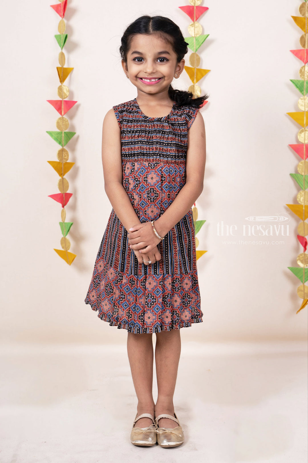 Ikkat Printed Pin Tucked Casual Daily Wear Frock for Girl Kids