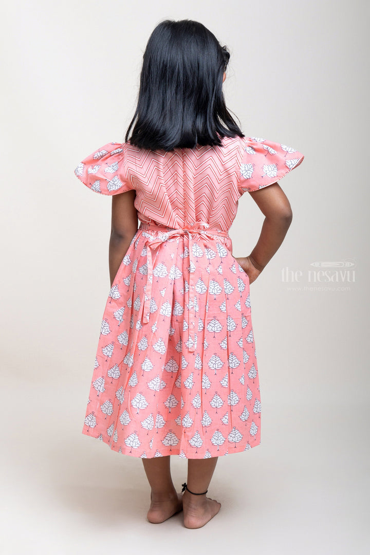 The Nesavu Girls Cotton Frock Ikkat Printed Yoke With Leaf Printed Pink Cotton Frock psr silks Nesavu