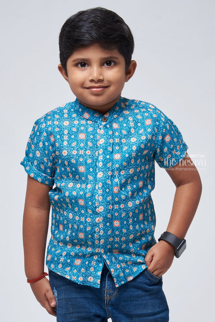 The Nesavu Boys Linen Shirt Indie Elegance: Linen Boys' Shirt with Intricate Traditional Prints for a Timeless Look Nesavu 14 (6M) / Blue / Linen BS068-14 Intricate Traditional Printed Shirt for Boys | Baby Shirt Online | The Nesavu