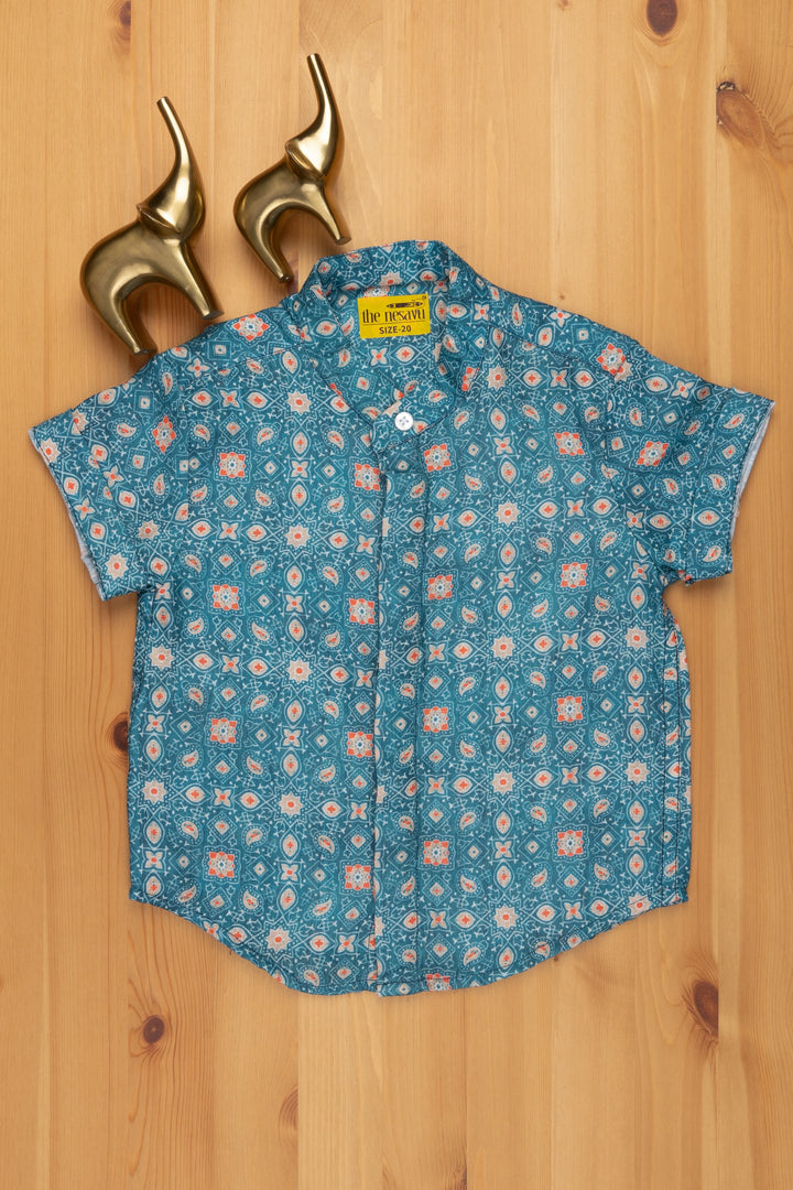 The Nesavu Boys Linen Shirt Indie Elegance: Linen Boys' Shirt with Intricate Traditional Prints for a Timeless Look Nesavu 14 (6M) / Blue / Linen BS068 Intricate Traditional Printed Shirt for Boys | Baby Shirt Online | The Nesavu