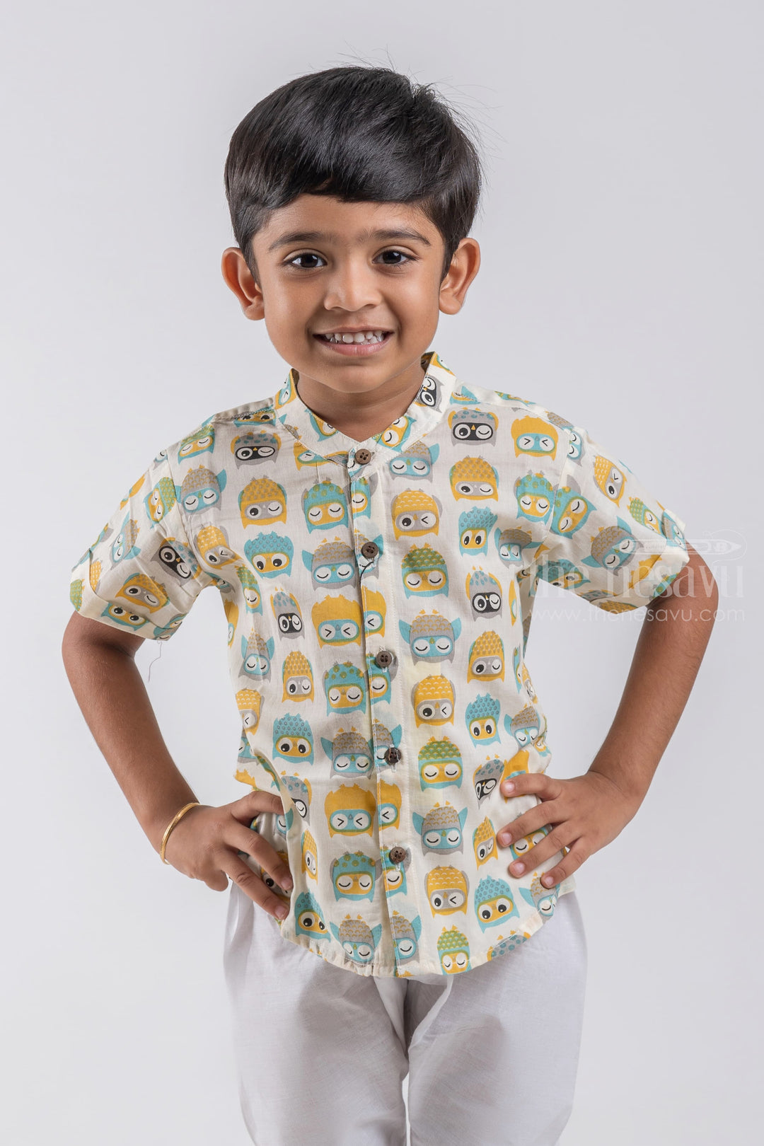 The Nesavu Boys Cotton Shirt Indie Wear Shirt for Boys | Wooden Button Detail | Nesavu | Sleepy Owl Printed psr silks Nesavu 14 (6M) / Half White / Cotton BS035