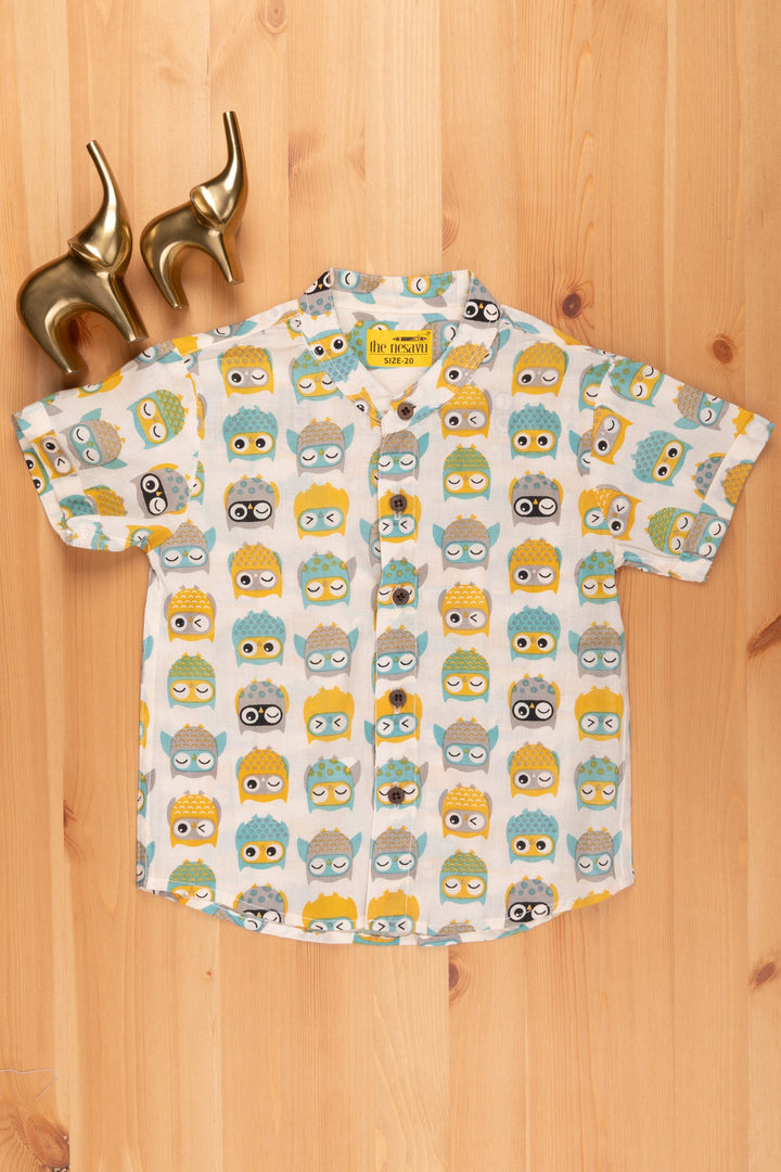 The Nesavu Boys Cotton Shirt Indie Wear Shirt for Boys | Wooden Button Detail | Nesavu | Sleepy Owl Printed psr silks Nesavu