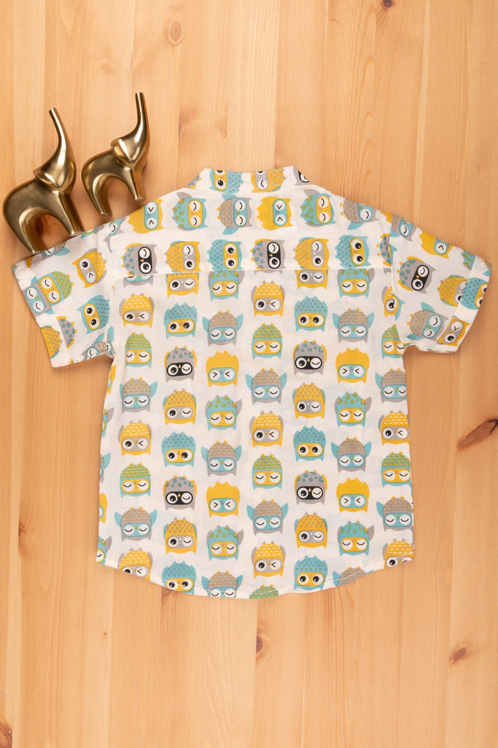 The Nesavu Boys Cotton Shirt Indie Wear Shirt for Boys | Wooden Button Detail | Nesavu | Sleepy Owl Printed psr silks Nesavu